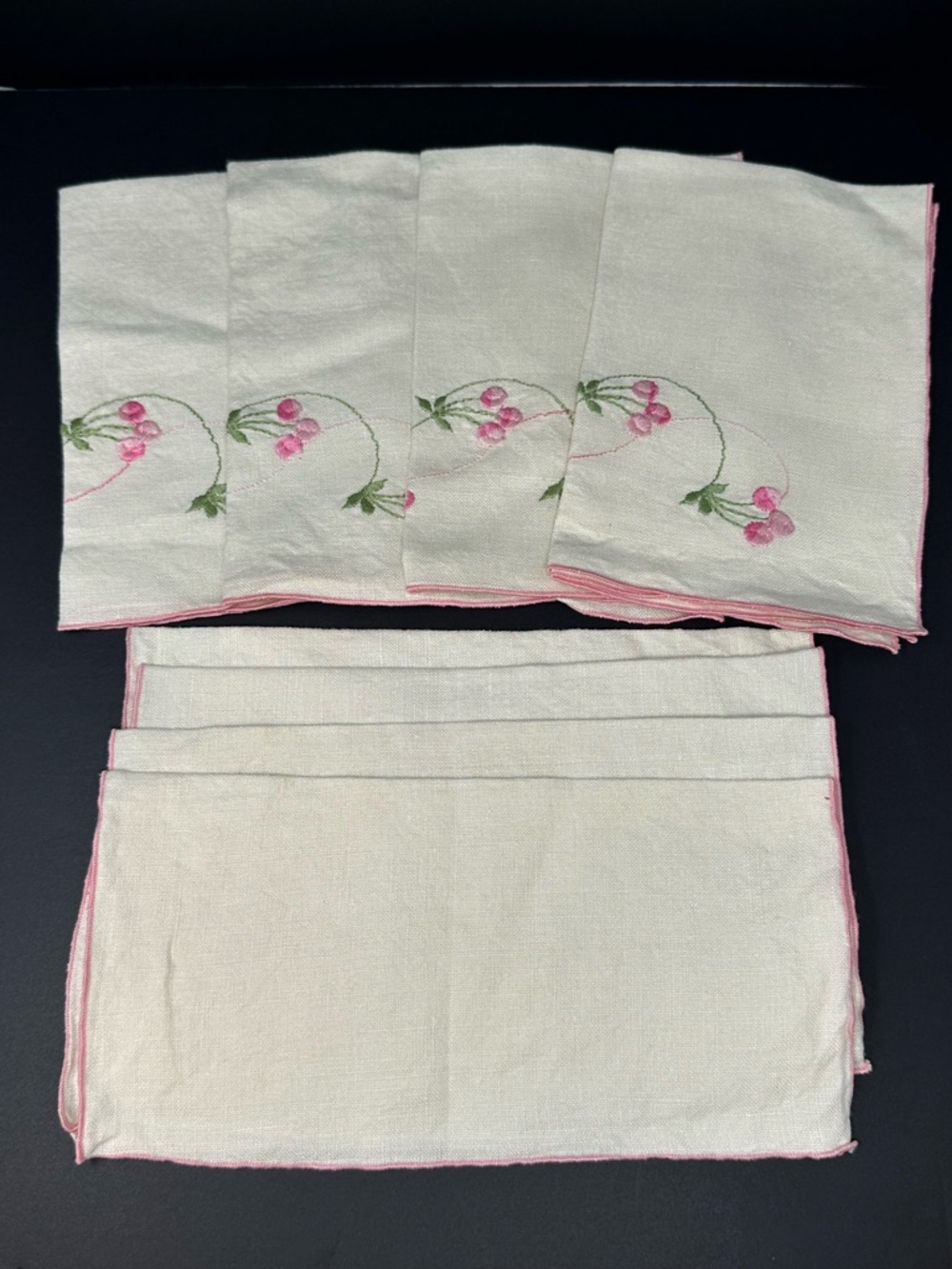 Vintage Embroidered Pink Edge Cream Linen Napkins 4 with Pink Floral Set Of 8 A3